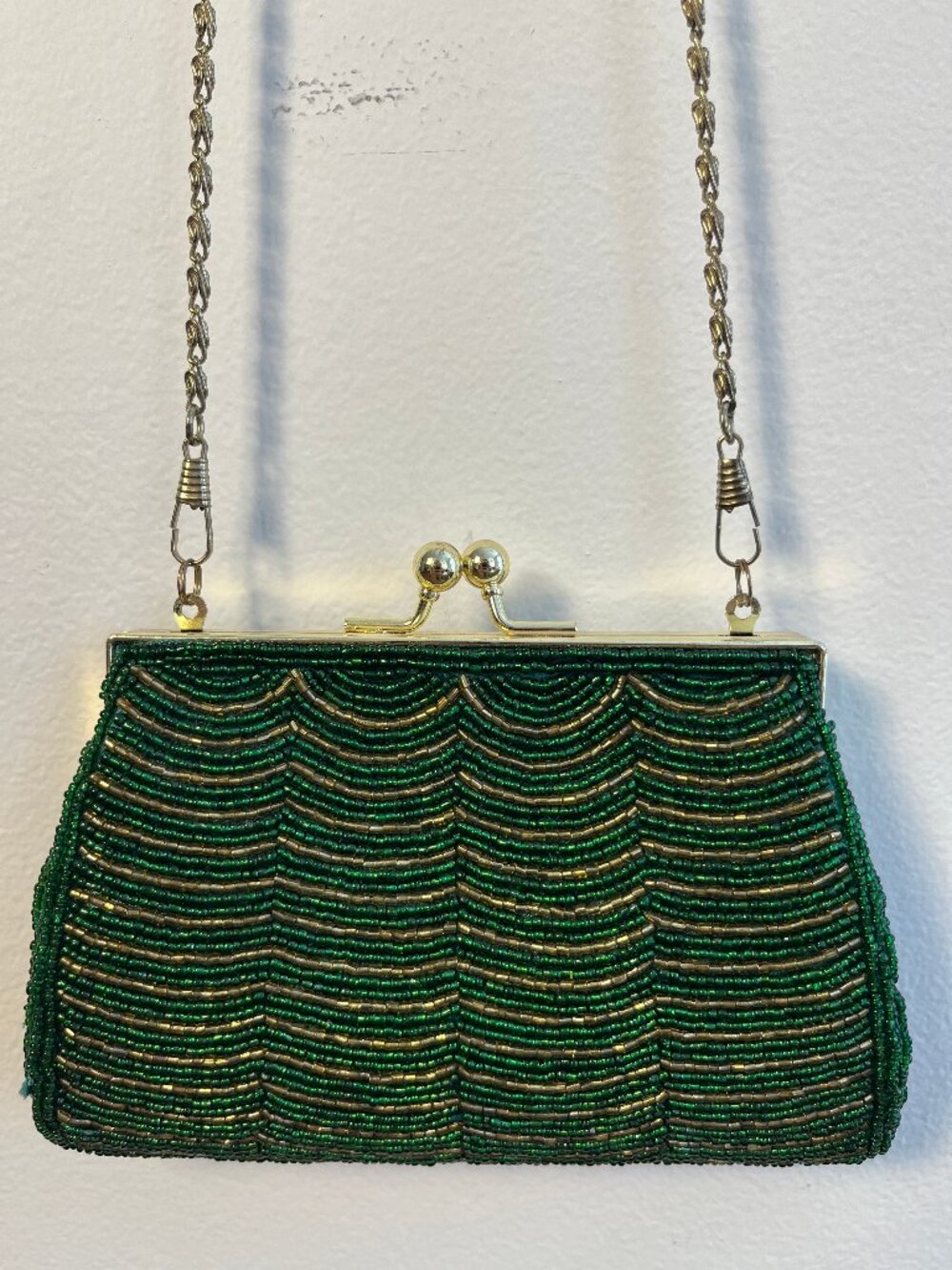 Vintage Moni Couture Dark Green Beaded Evening Bag Clutch Chain Strap